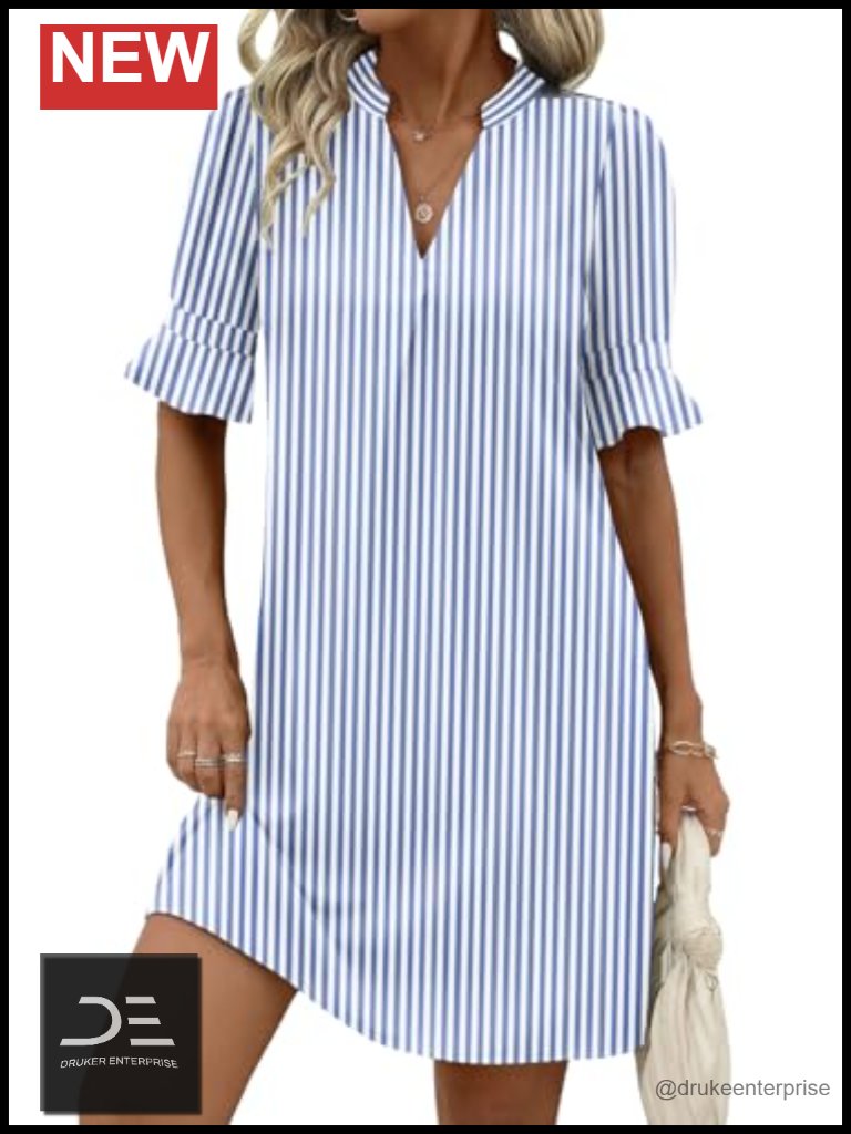 V Neck Ruffle Sleeve Loose Shift Dress Hawaiian Sundress Beach Vacation